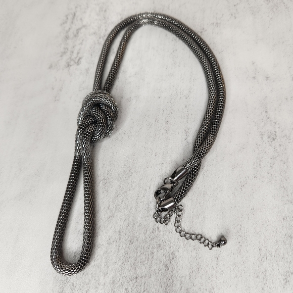 Gunmetal Grey Mesh Chain Knotted Long Statement Necklace Goth - Picture 6 of 10